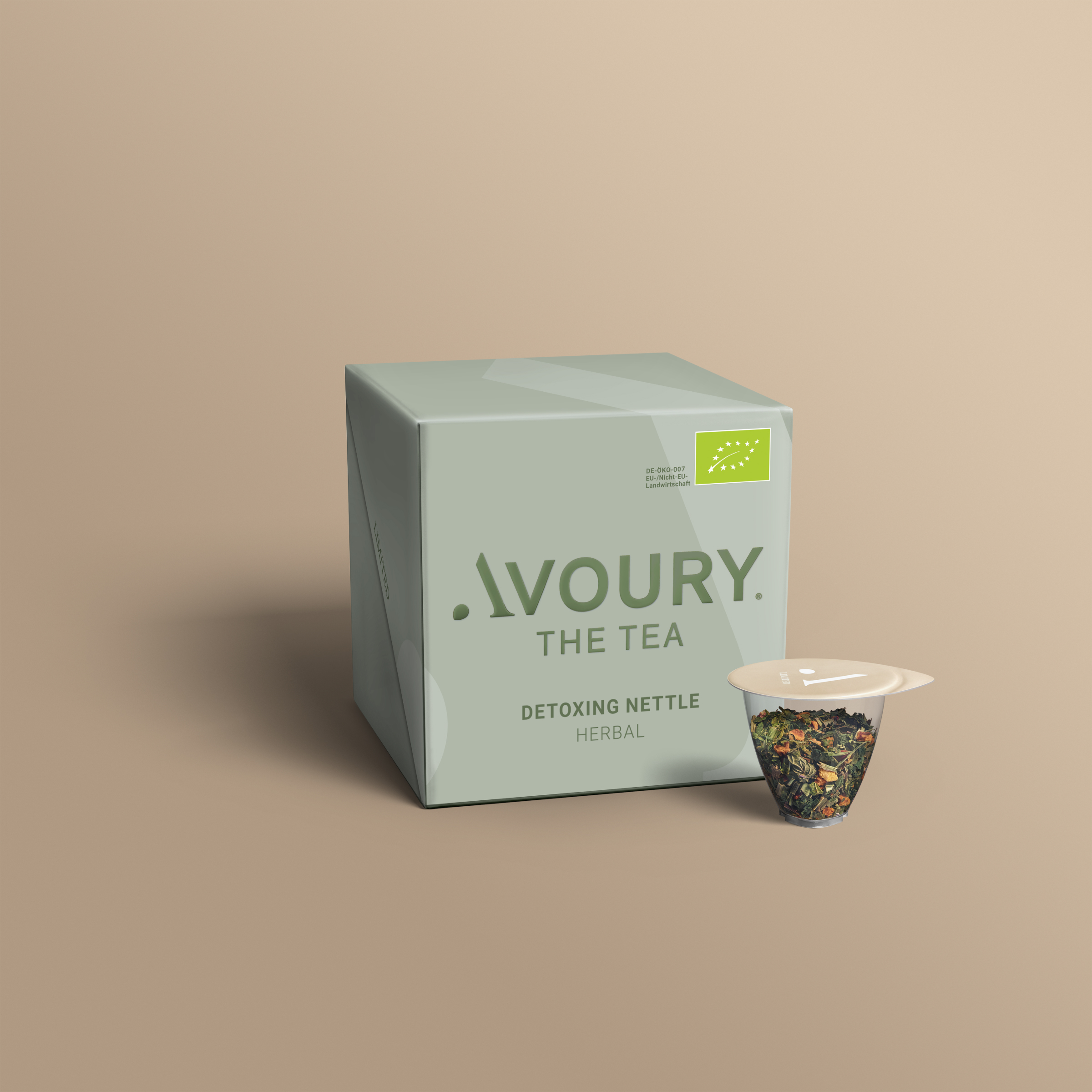 Avoury Detoxing Nettle Teeverpackung mit Kapsel in 3D-Ansicht