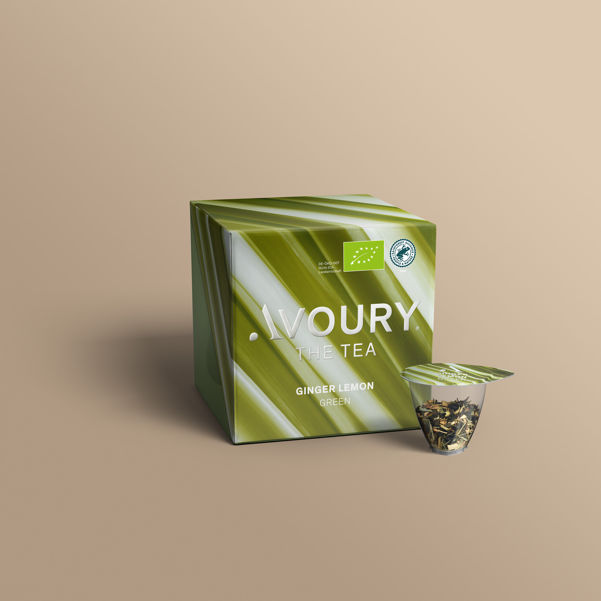 Avoury Ginger Lemon Teeverpackung mit Kapsel in 3D-Ansicht