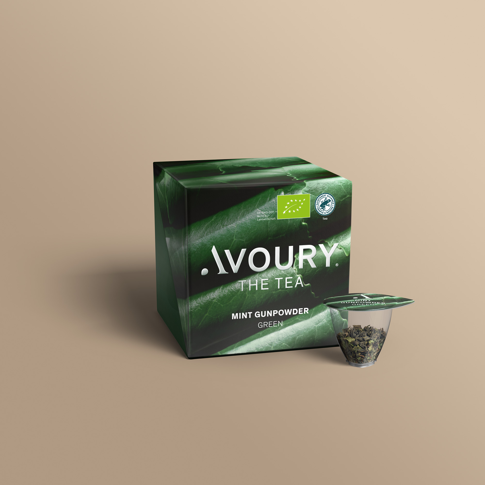 Avoury Mint Gunpowder Teeverpackung mit Kapsel in 3D-Ansicht