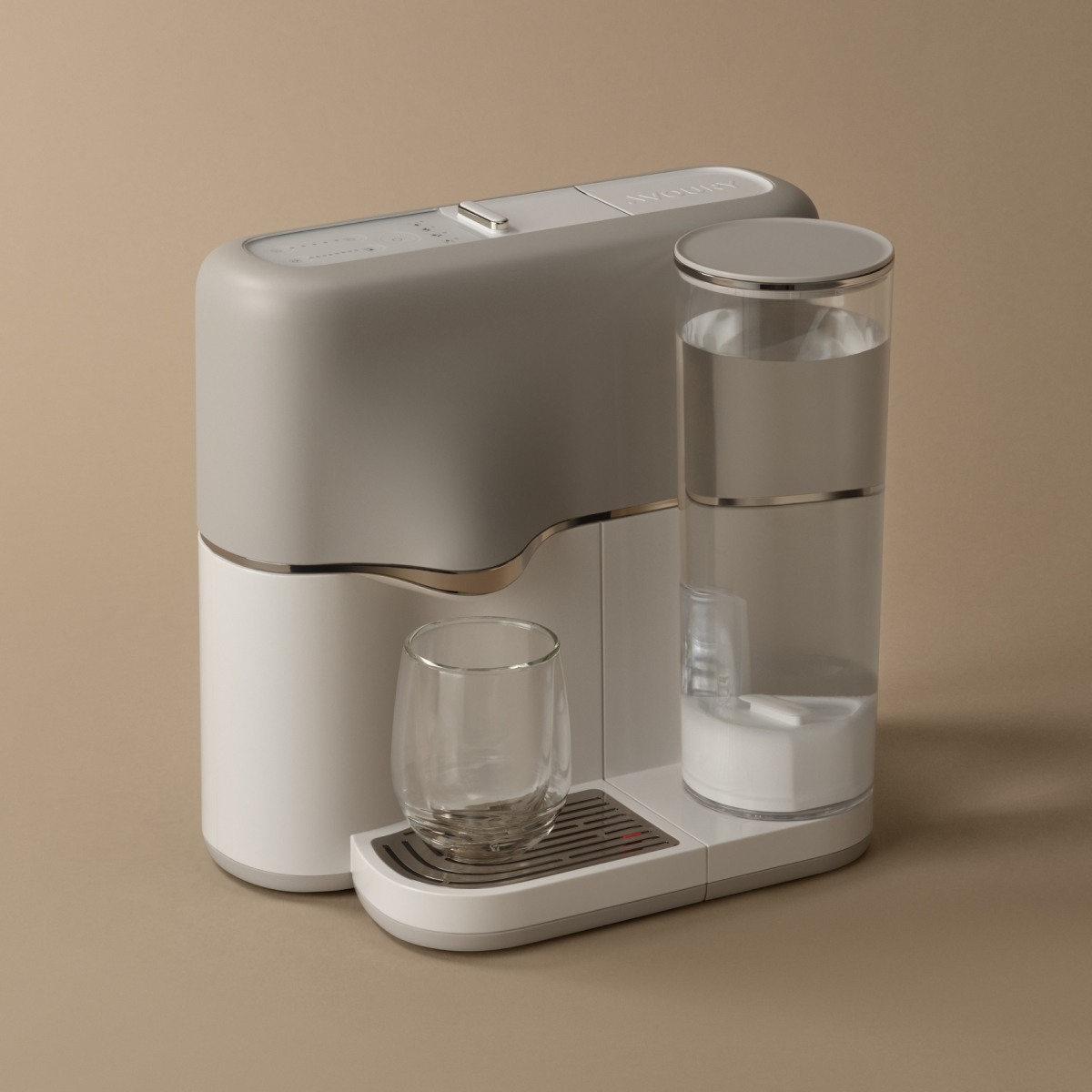 Avoury One Teemaschine Silver White seitlich mit Glas