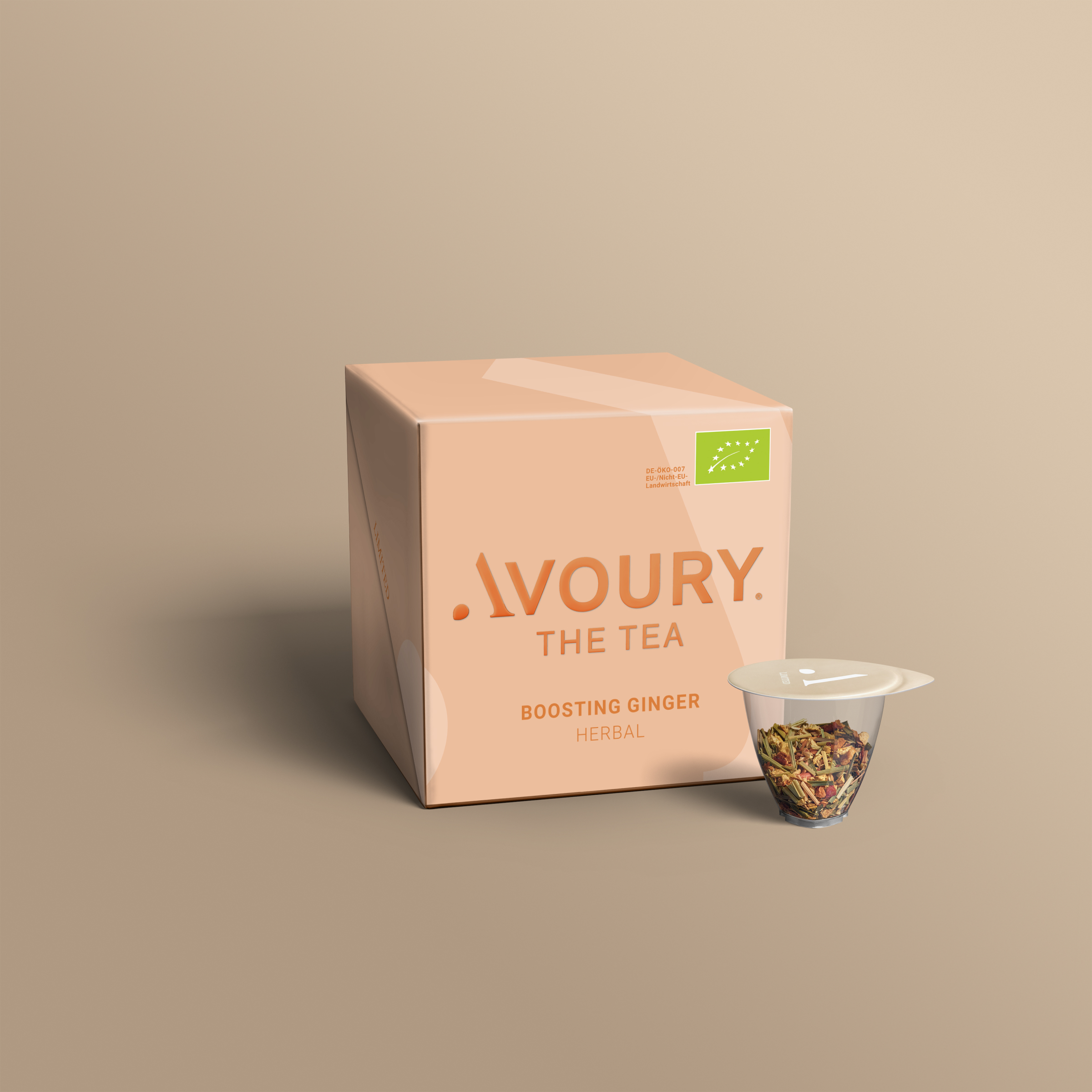 Avoury Boosting Ginger Teeverpackung mit Kapsel in 3D-Ansicht